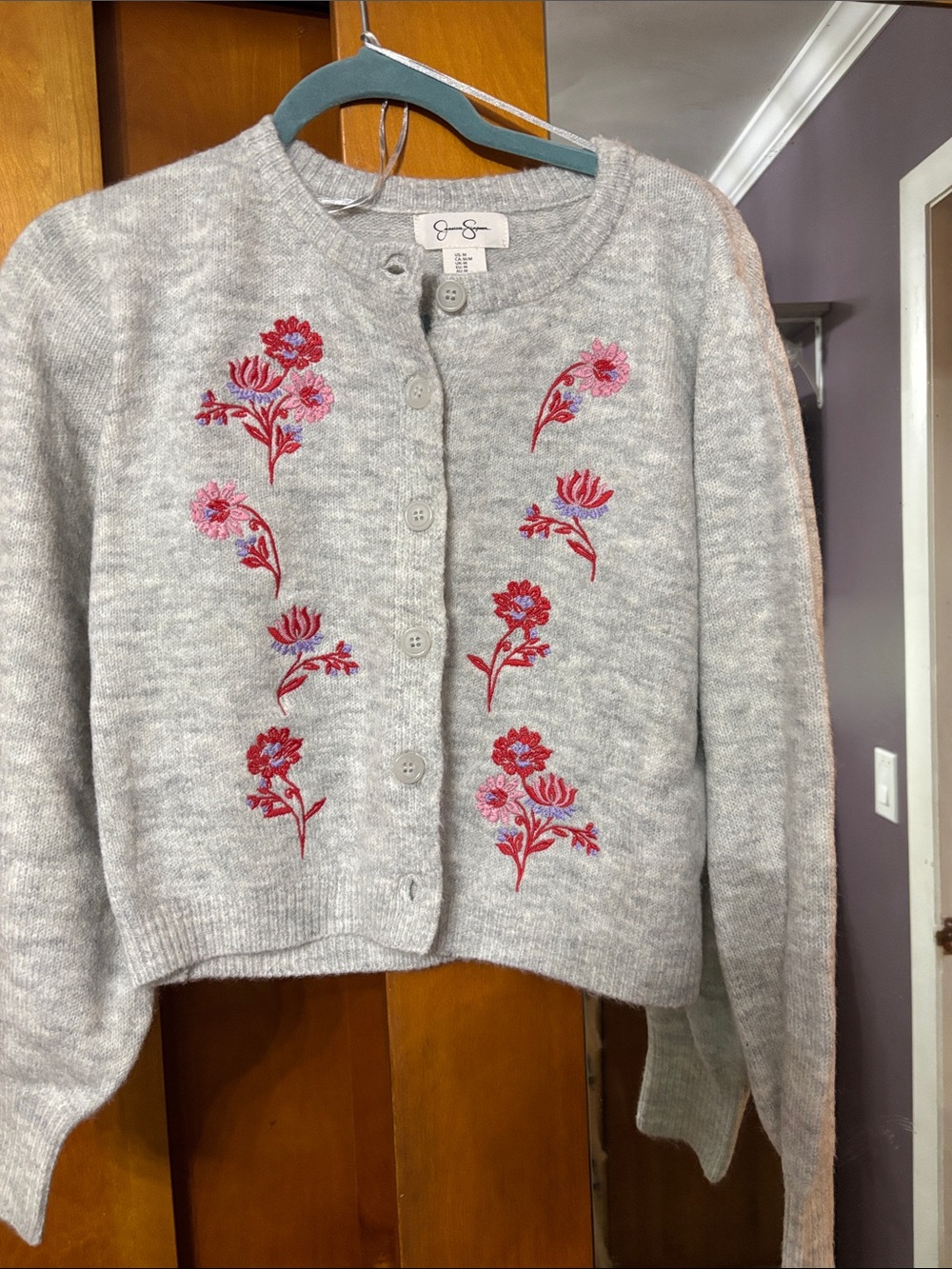 Jessica Simpson Gray Cardigan with Pink and Red Floral Embroidery
